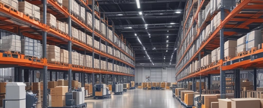 Almacén automatizado con robots, estanterías y palés iluminados