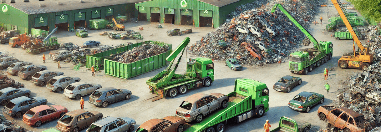 A scrap car recycling yard, featuring green tow trucks, eco-friendly machinery,.