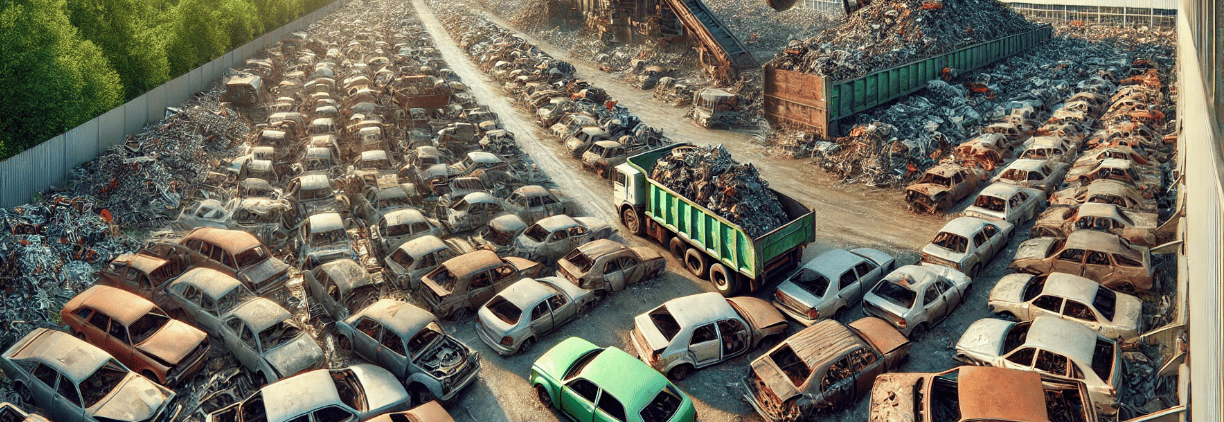 A large yard filled with scrap cars, capturing the industrial scrapyard setting. 