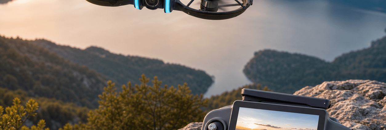 Compact guarded dual-camera drone flying above a mountain lake with its large-screen remote controller