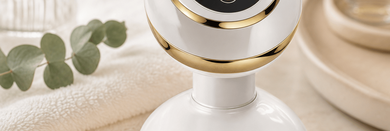 White and gold electric warming suction cup massager displayed in a calm home spa setting