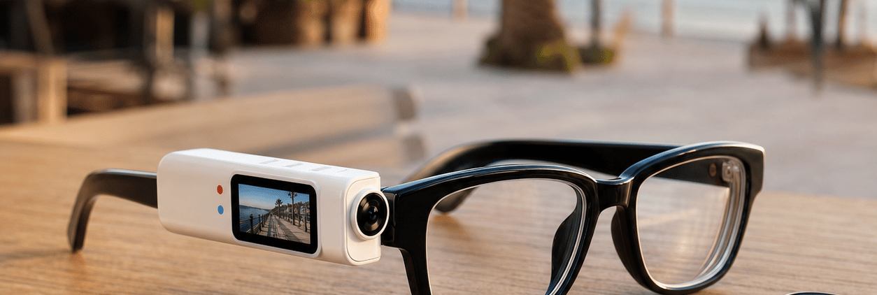 Black eyeglasses with a compact white WiFi camera module beside a smartphone on a seaside café table