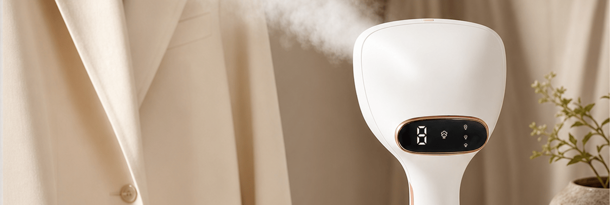 1800W touchscreen handheld clothes steamer producing steam beside hanging garments