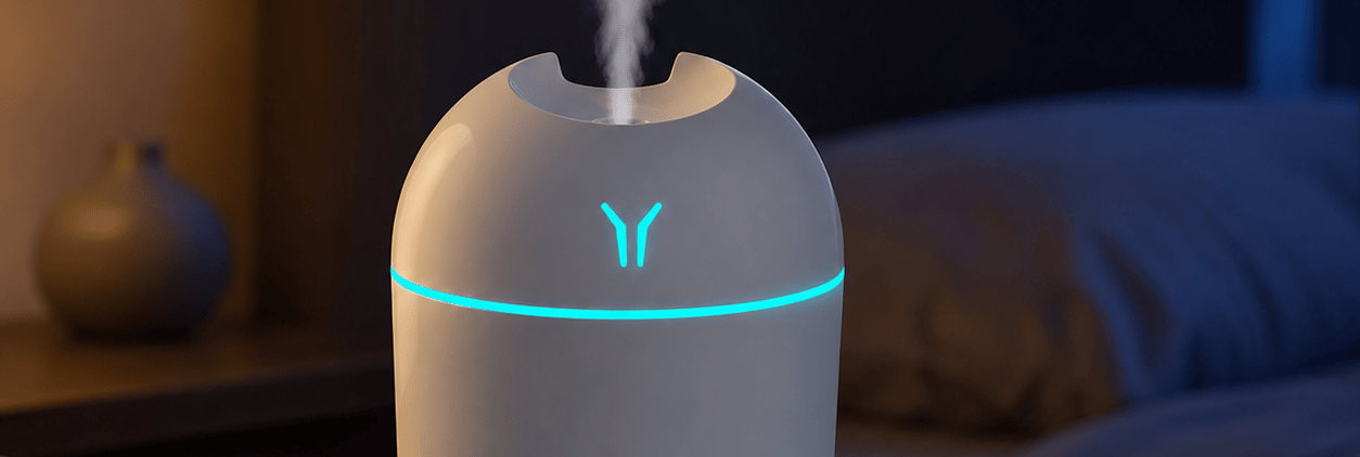 250ML USB mini air humidifier with cyan LED light producing soft mist