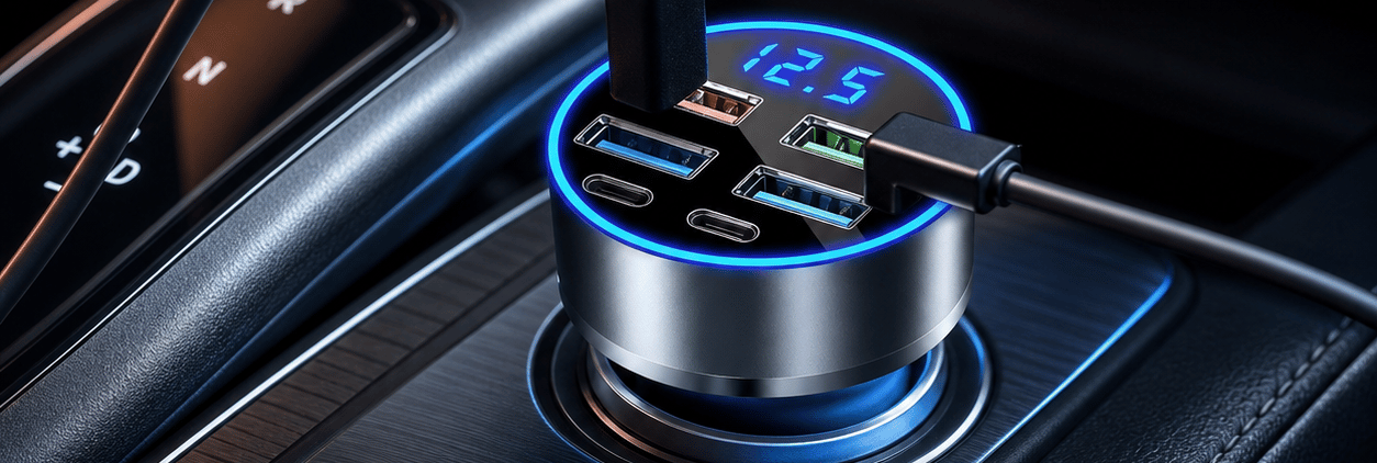Six-port USB and USB-C car charger with blue voltage display installed in a modern center console