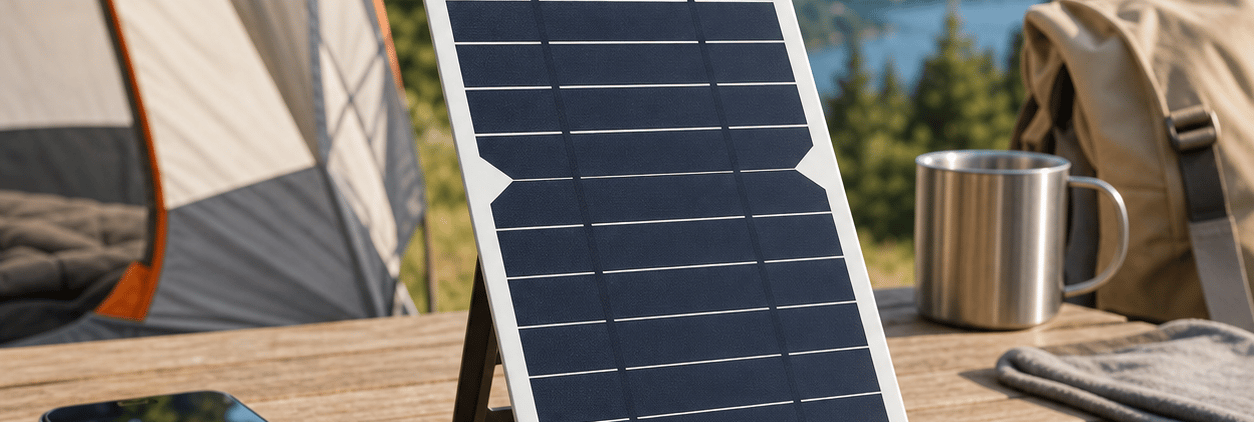 Portable solar USB charging panel powering a smartphone and power bank at a mountain campsite