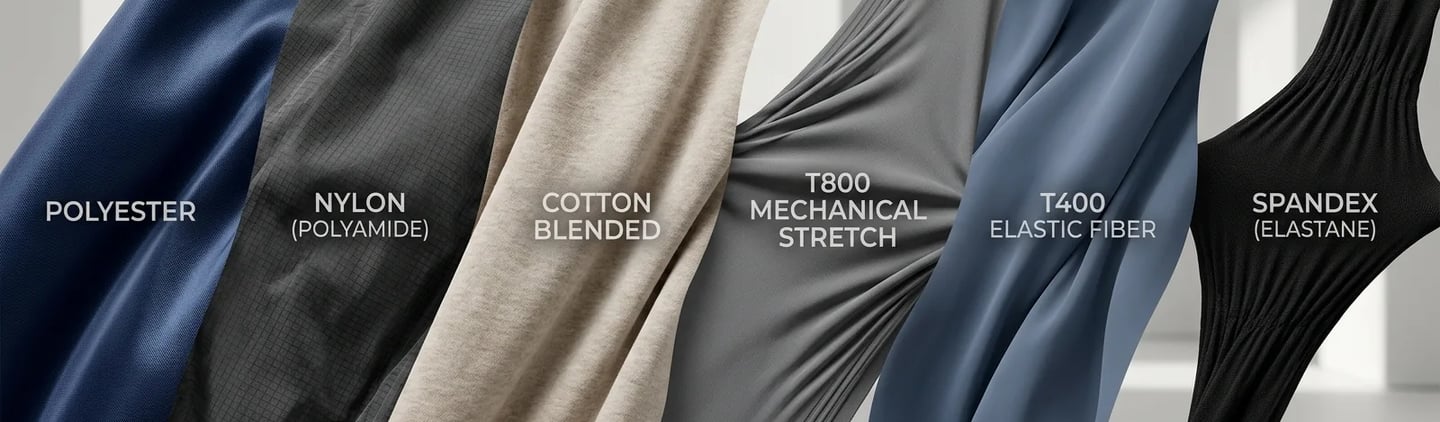 Realistic textile fabric banner showcasing Polyester, Nylon, Cotton, and specific stretch fibers