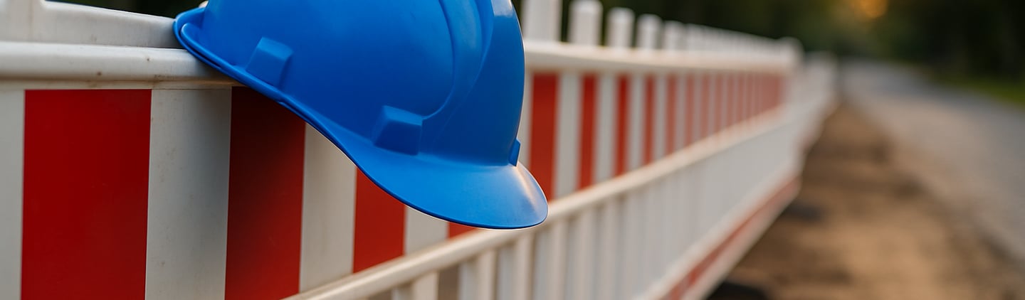 Schutzhelm an Baustellenabsperrung – UFT Bau GmbH Tiefbau Berlin