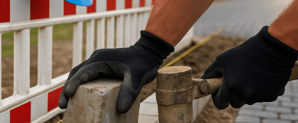 Arbeiter setzt Bordstein mit Hammer – UFT Bau GmbH Verkehrs­infrastruktur Berlin