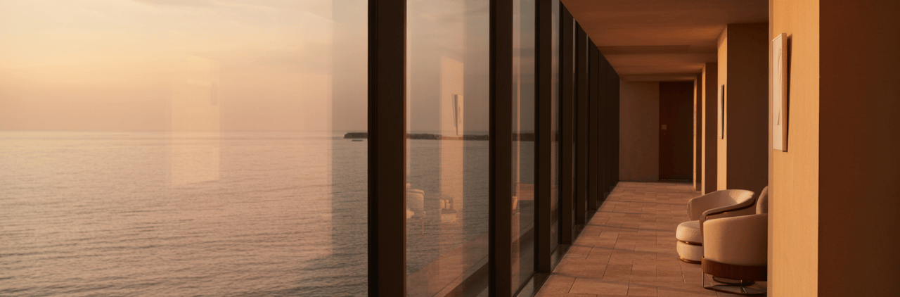 Luxury modern balcony with floor-to-ceiling windows overlooking a sunset ocean view.