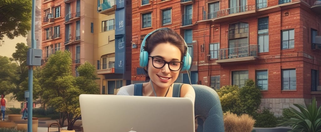a woman sitting on a suitcase with a laptop and headphones