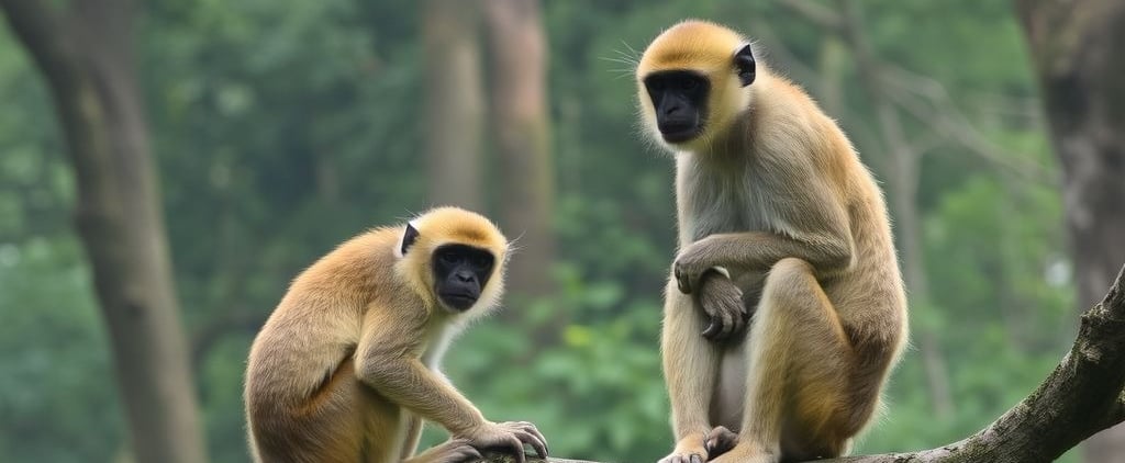 two monkeys sitting on a tree branch in a forest