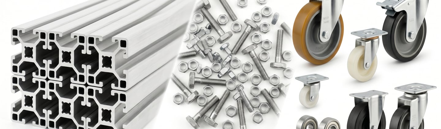 T-slot aluminum extrusion profiles, steel bolts, nuts, and industrial caster wheels for framing systems.