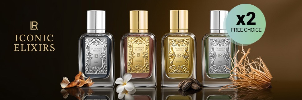 Luxury Iconic Elixirs perfume collection featuring four elegant glass bottles with gold and silver labels.