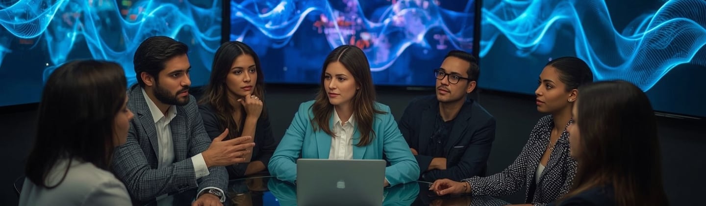 Executives reviewing data on large screens. What is AI revenue intelligence? It is a structured appr