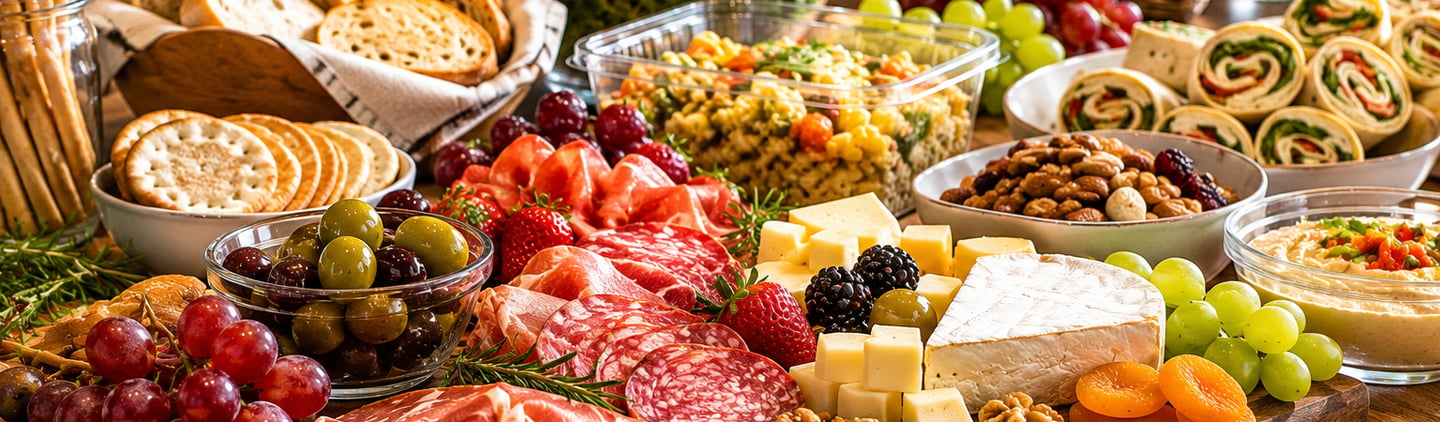 Gourmet charcuterie board featuring cured meats, cheeses, olives, fresh fruits, and artisan bread for party catering.