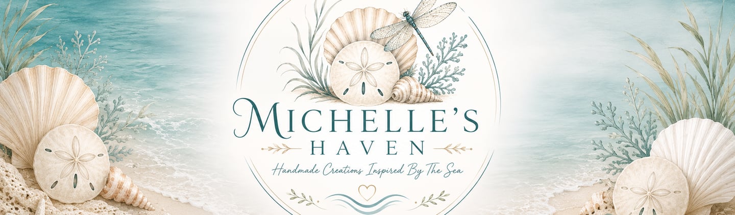 Michelle's Haven logo banner featuring coastal shells and a dragonfly on a serene beach background.