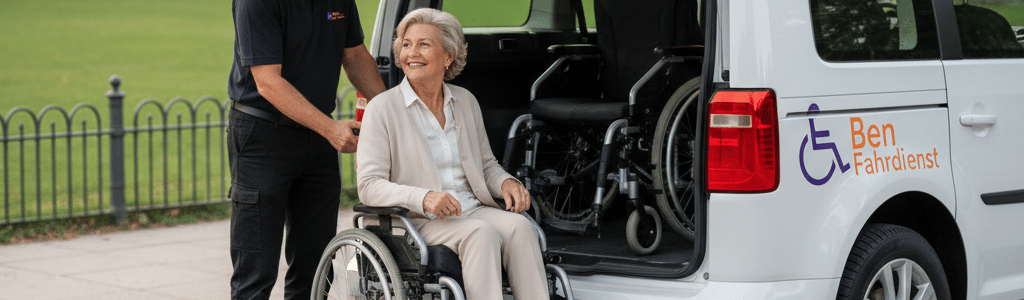 Fahrer von Ben Fahrdienst begleitet Kundin im Rollstuhl sicher zum Eingang des Krankenhauses.