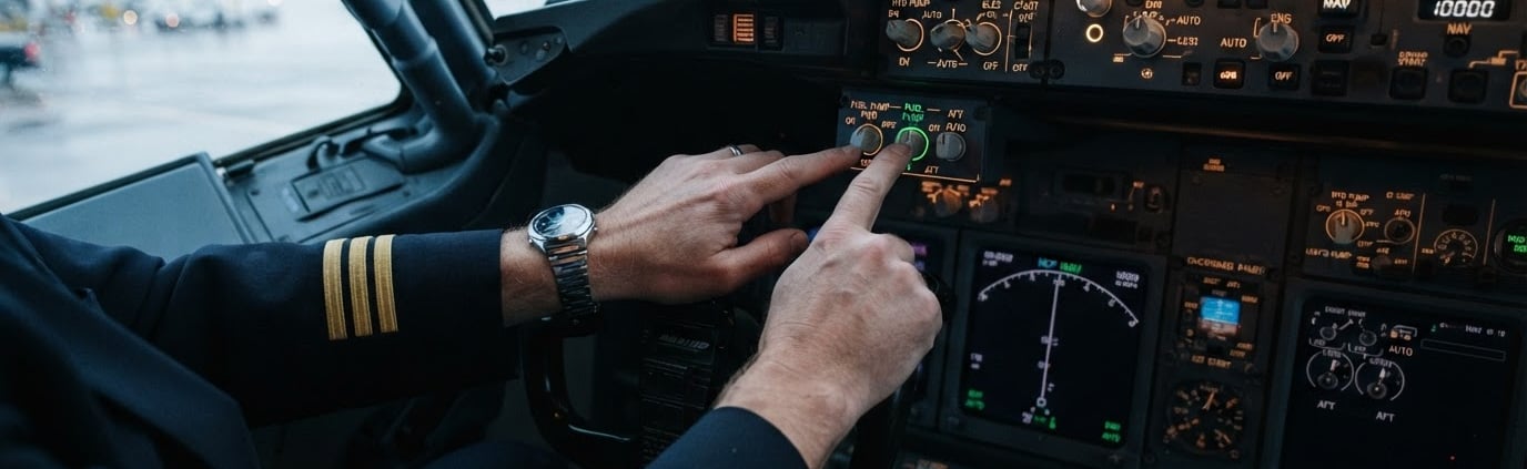 Close-up of a pilot's hands executing a pre-flight checklist on a Boeing flight deck, cool morning cockpit lighting, sharp focus on technical instruments, 35mm