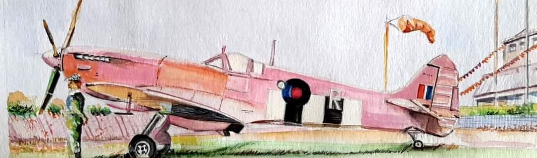 Vintage aviation art, pink spitfire aircraft