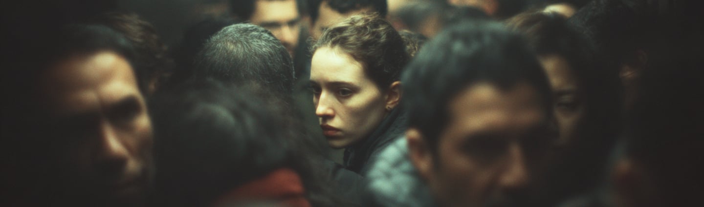 femme dans un lieu bondés de monde qui a l'air fatiguée et anxieuse