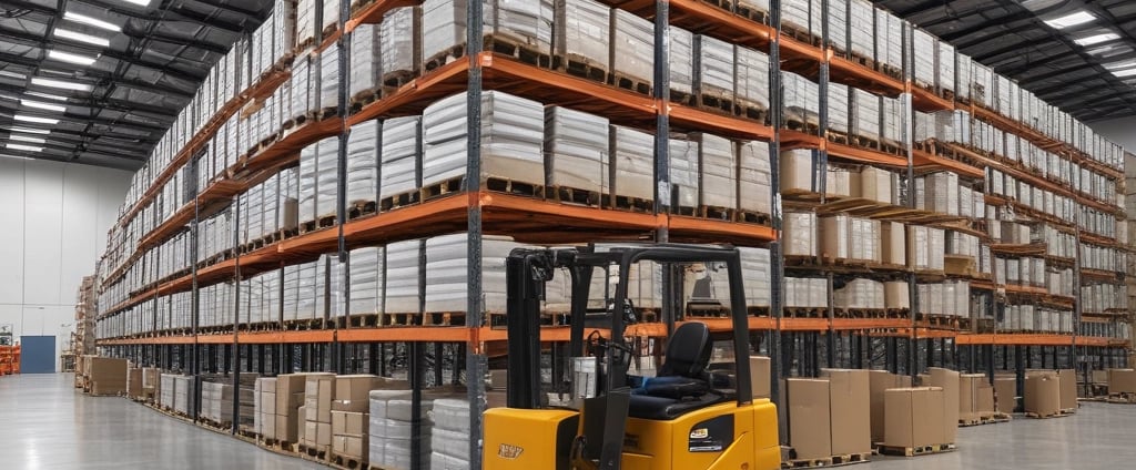 A warehouse aisle lined with tall metal shelves stacked with packaged goods. The shelves have labels and signs indicating different sections and product codes. The floor guides with blue lines direct the traffic flow within the facility.
