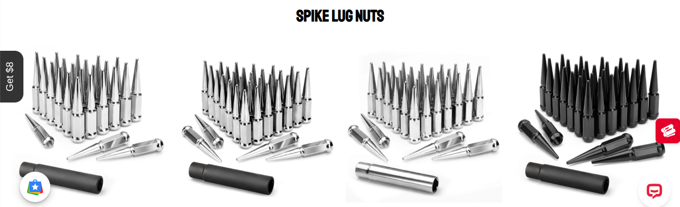 Sets of chrome and black spike lug nuts for custom aftermarket vehicle wheels.