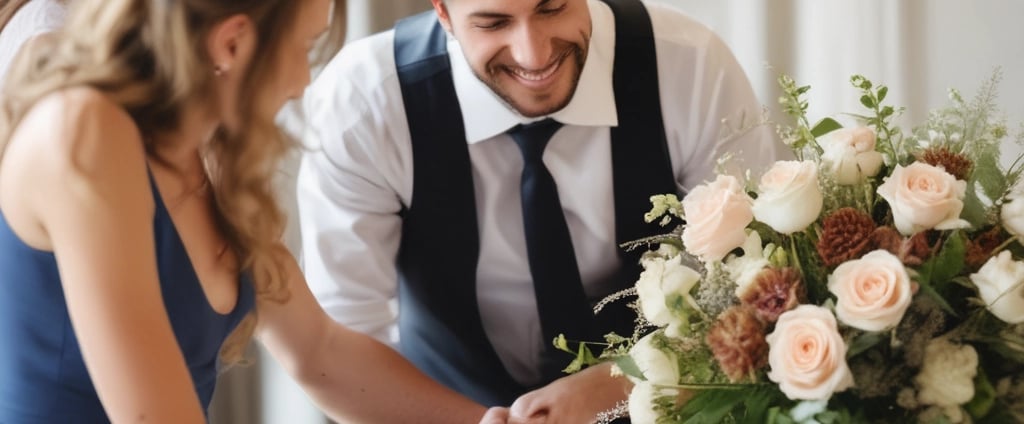 A friendly event planner assisting a couple with their wedding arrangements.