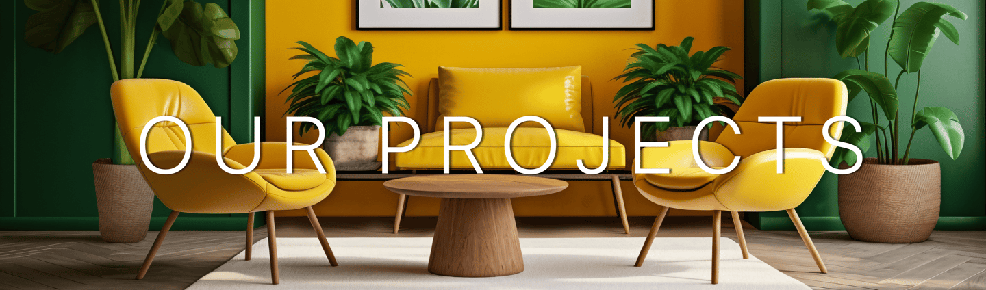 Modern interior design showcase featuring yellow velvet chairs and green indoor plants.