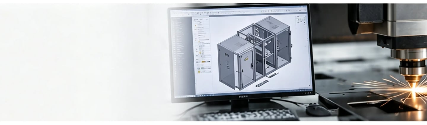 Industrial laser cutting machine processing metal alongside a CAD software engineering design on a computer monitor.