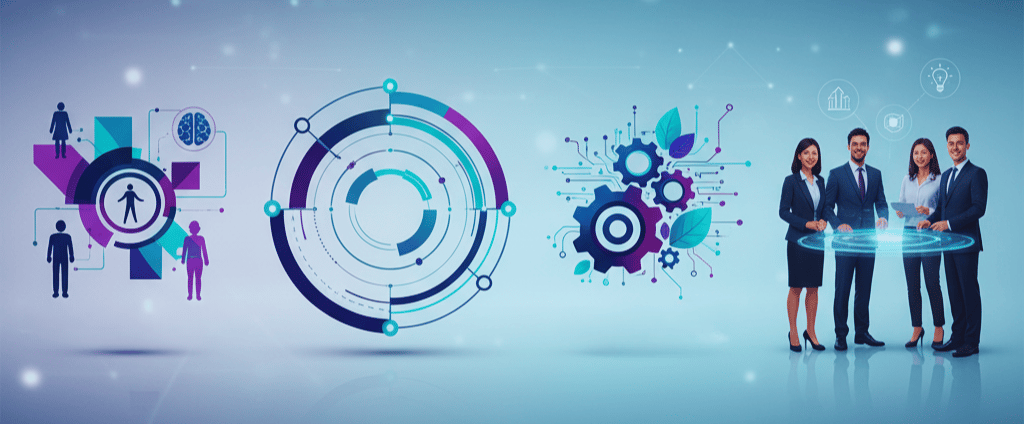 Ilustración corporativa que muestra la integración de personas, procesos y tecnología para impulsar 