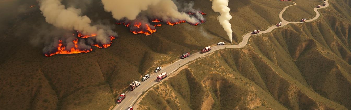 Aerial view of Los Angeles wildfires, showing a network of fire trucks and equipment.