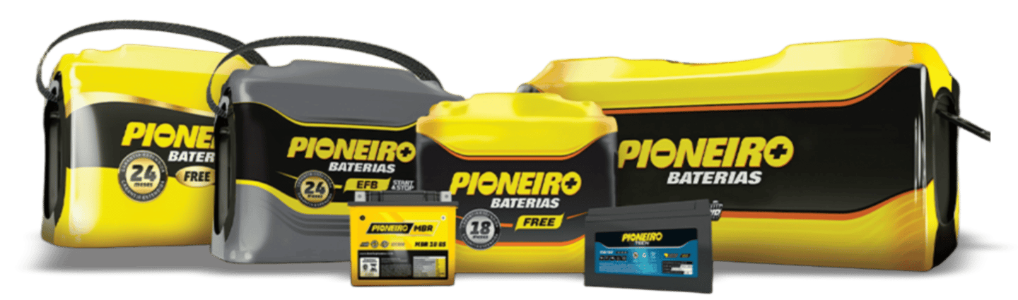 Linha completa de Baterias Pioneiro para carro, moto e veículos pesados na Reginaldo Baterias.