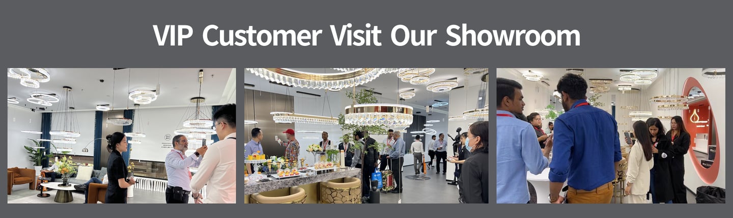 a group of LED lighting buyers standing around a table with a man in a suit and tie