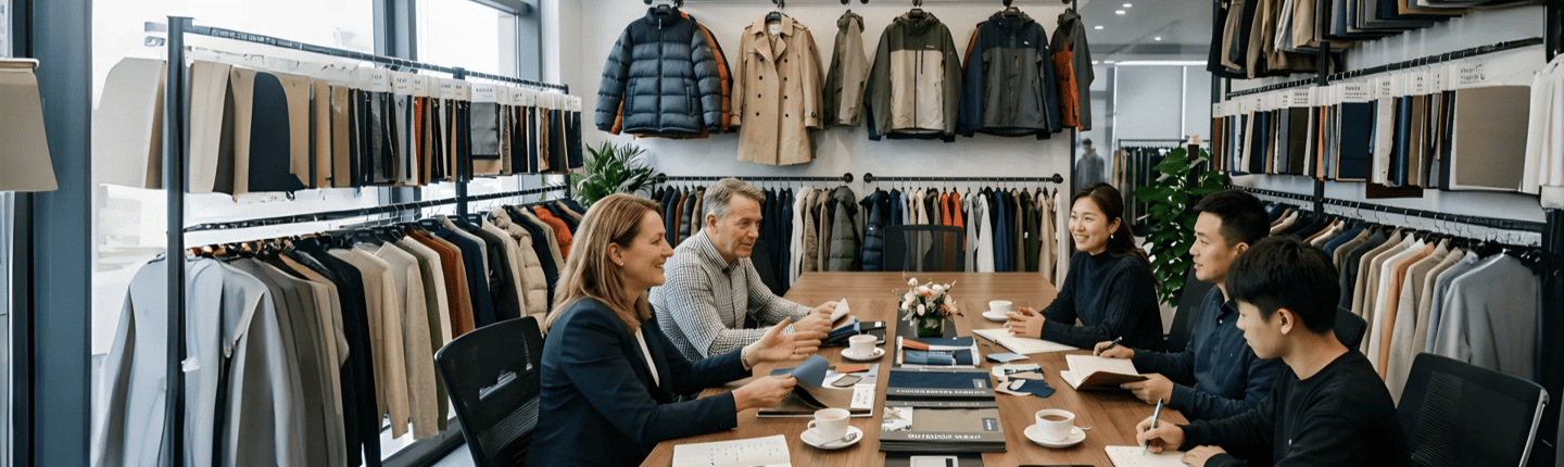 clients reviewing fabric samples with supplier in showroom for garment development