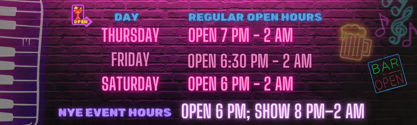 Savannah Smiles Dueling Pianos regular opening hours showing Thursday 7 PM to 2 AM, Friday 6:30 PM t