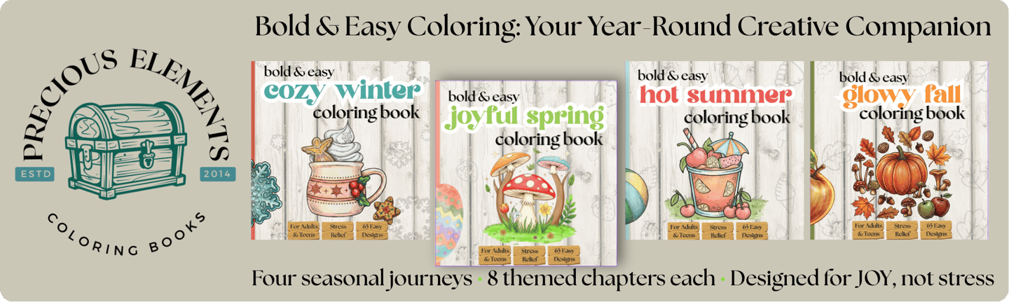 Seasonal bold and easy coloring books for stress relief featuring winter, spring, summer, and fall designs.