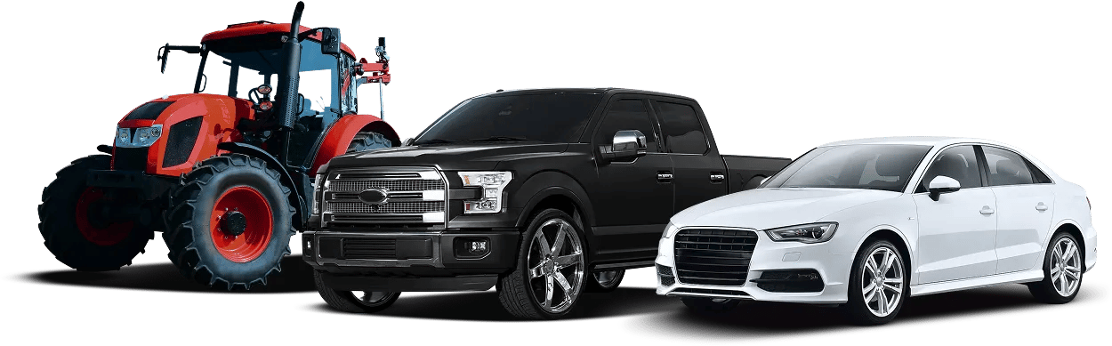 A red farm tractor, a black pickup truck, and a white sedan car isolated on a black background.