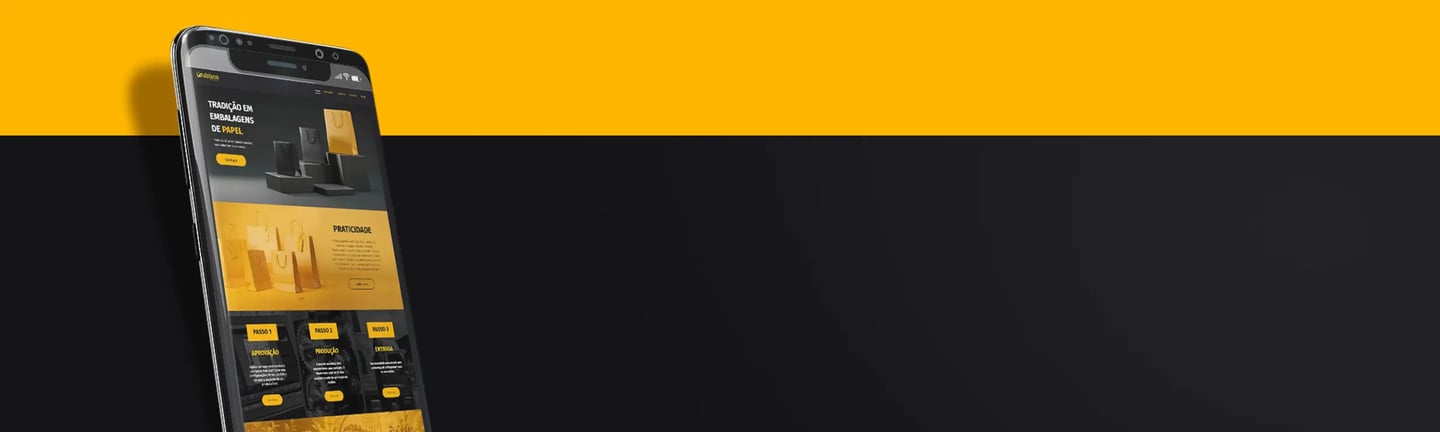 banner de notícias com foto de um celular com fundo amarelo e preto