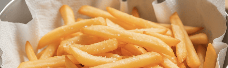 Frites maison croustillantes à la peau dorée, servies dans un cornet avec une pincée de gros sel.