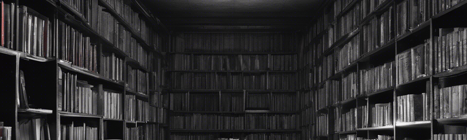 a dusty musical library, full of books and vynils, turntables, black and white Damon Baker texture 