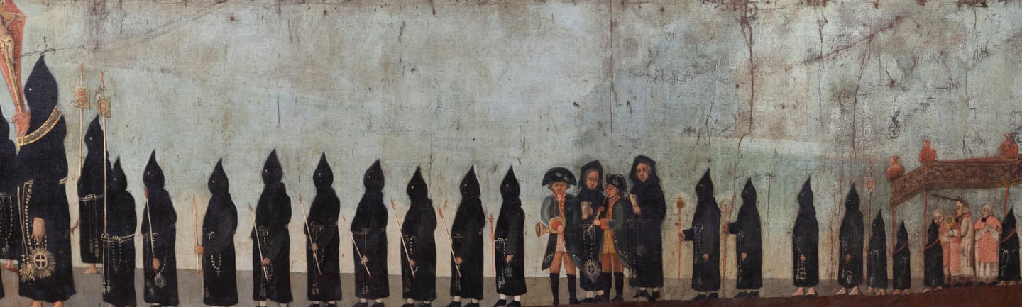 Toile XVIIIe siècle représentant une procession des Pénitents Noirs à Villefranche de Rouergue