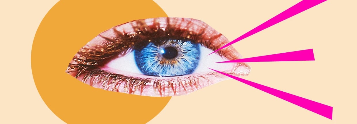 collage magasine, oeil avec mascara doré