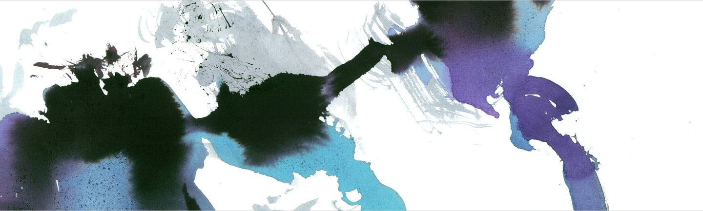 Yuge Kurt, fragment of watercolor painting in art gallery. Abstract flowers. Light airy blue tones