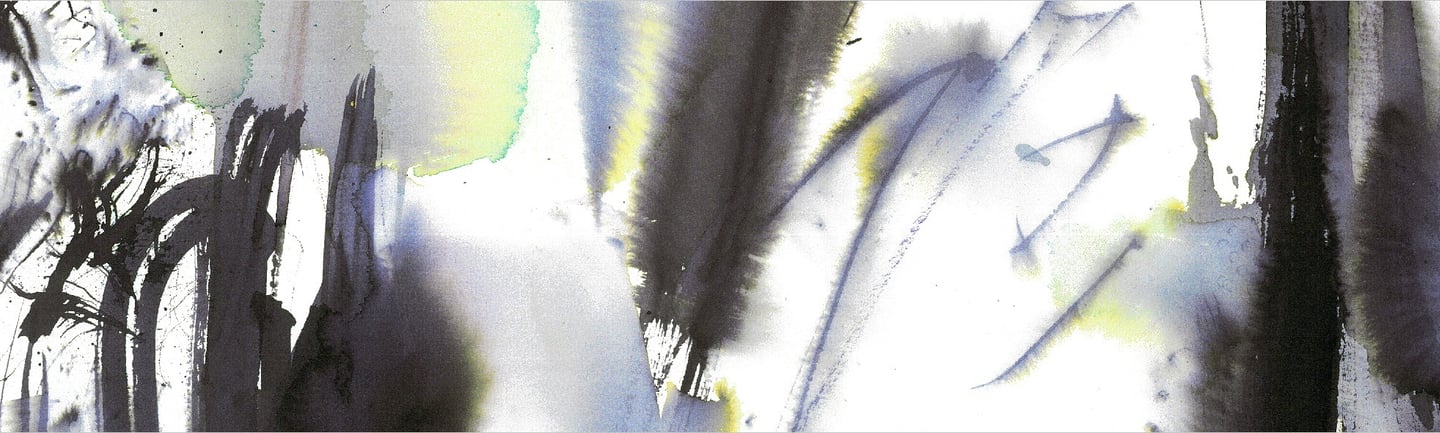 Yuge Kurt, fragment of watercolor painting in art gallery. Calligraphy. Jewel tones with neutrals