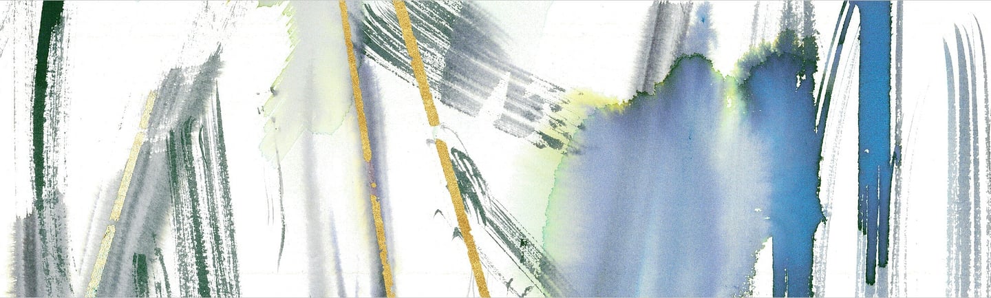 Yuge Kurt, fragment of watercolor painting in art gallery. Abstract flowers. Calligraphy