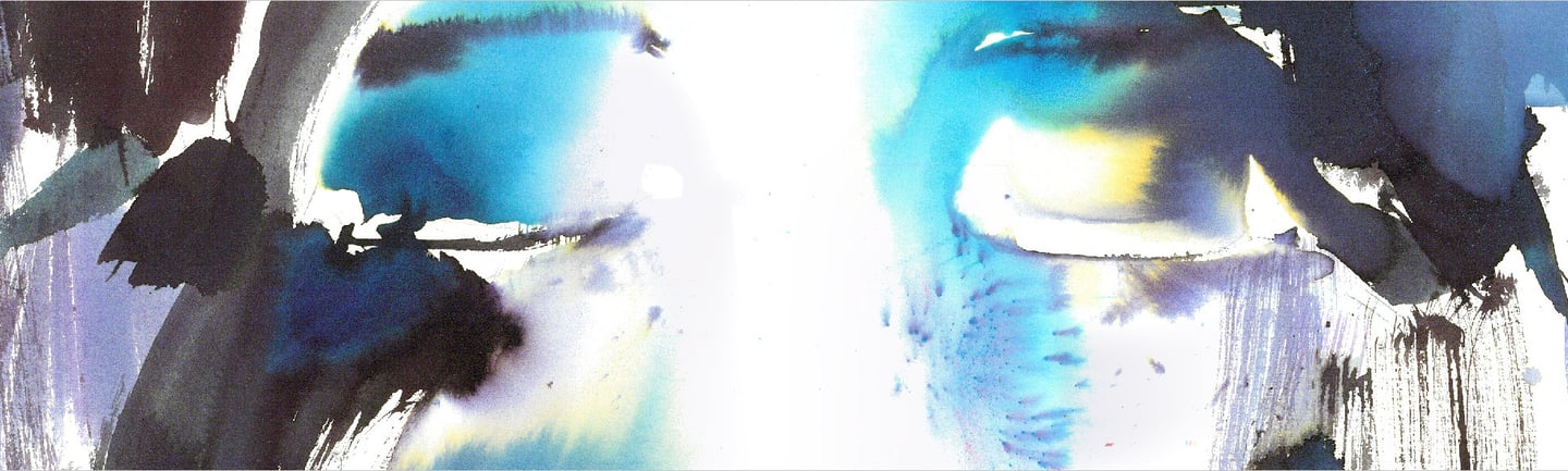 Yuge Kurt, fragment of watercolor painting in art gallery. Portrait. Blue tones