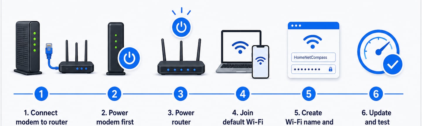 Step-by-step router setup path for connecting modem, router, Wi-Fi, and devices.