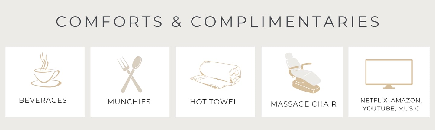 complimentary beverages, snacks, hot towel, massage chair, netflix, amazon, spotify, youtube