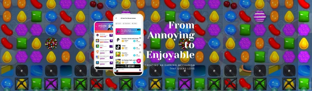 candycrush background with a screenshot of two app screens that show the evolvement of a gaming app